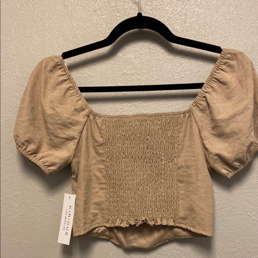 KIRIOUS LOS ANGELES Tan Smocked Puff Sleeve Peasant Cottagecore Crop Blouse 3474 - Picture 5 of 10